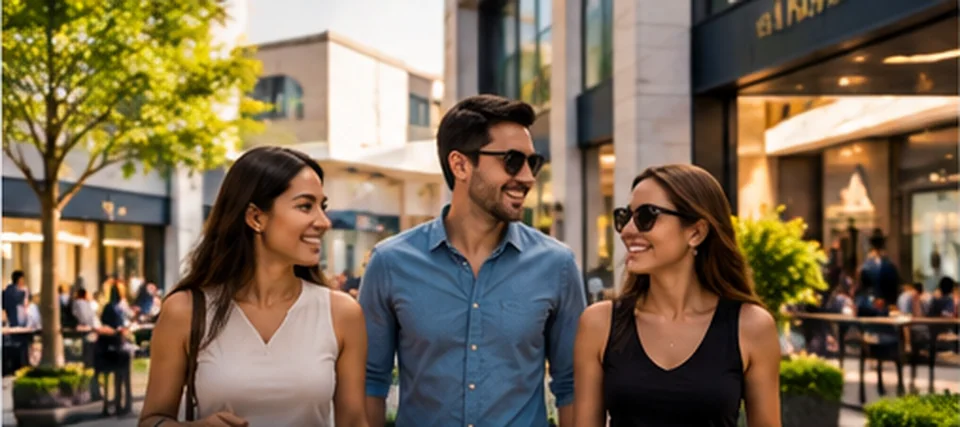 Personas adultas caminando con bolsas de compras en una zona comercial urbana contemporánea, imagen ilustrativa