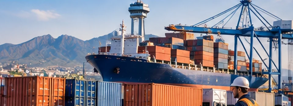 Terminal portuaria moderna con contenedores y transporte de mercancías de comercio exterior