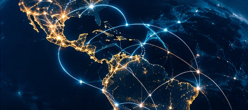Mapa ilustrativo de Latinoamérica con conexiones digitales entre regiones y mercados