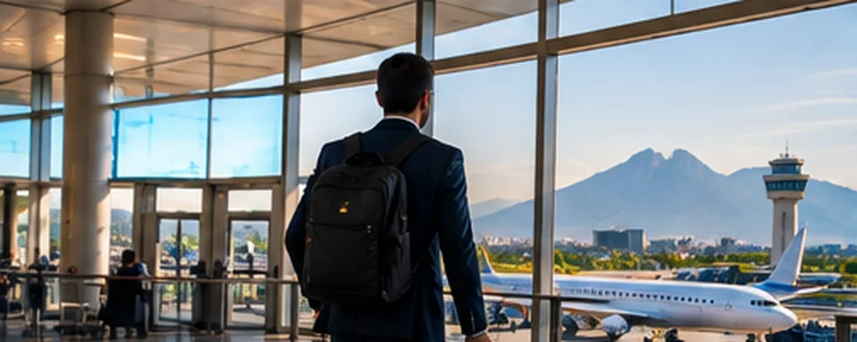 Viajero de negocios con equipaje en una terminal aeroportuaria moderna, imagen ilustrativa