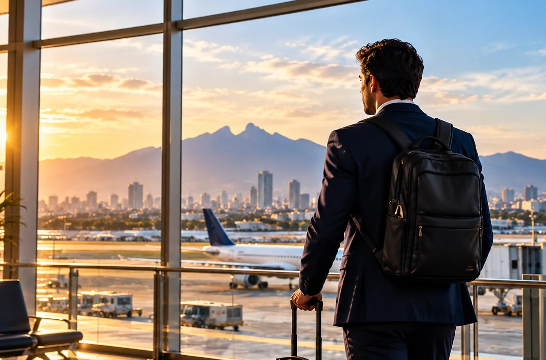 Viajero de negocios con equipaje en una terminal aeroportuaria moderna, imagen ilustrativa